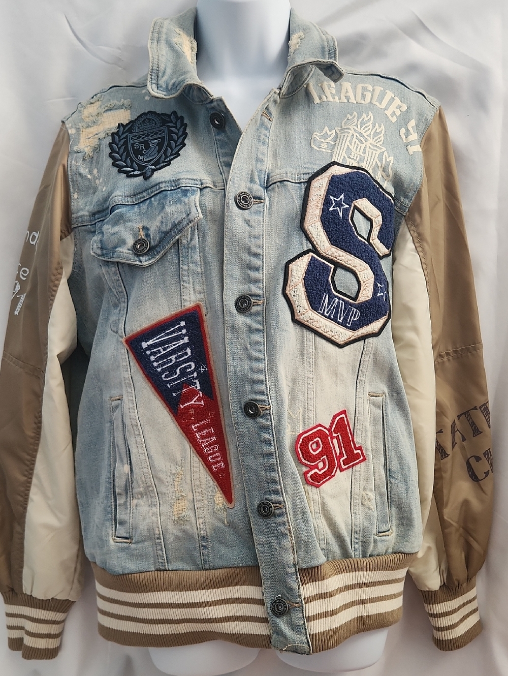 Smoke Rise Patchwork Denim Varsity Jacket with Satin Sleeves